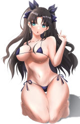 Rule 34 | 1girl, bikini, black hair, blue bikini, blue eyes, blue ribbon, breasts, cleavage, collarbone, earrings, fate/stay night, fate (series), hair ribbon, highres, hoop earrings, jewelry, large breasts, long hair, navel, o-ring, parted bangs, ribbon, shirt, side-tie bikini bottom, simple background, stomach, swimsuit, thick thighs, thighs, tohsaka rin, twintails, two side up, underboob, wet, white shirt, wide hips