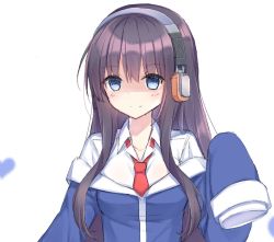 Rule 34 | 1girl, azur lane, blue eyes, blue jacket, blush, brown hair, closed mouth, collarbone, collared shirt, empty eyes, hair between eyes, hand up, headphones, heart, highres, jacket, long hair, long island (azur lane), long sleeves, looking at viewer, necktie, off shoulder, red necktie, shirt, sidelocks, simple background, sleeves past fingers, sleeves past wrists, smile, solo, t@ke-g, very long hair, white background, white shirt