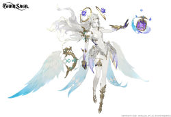 Rule 34 | 1girl, 2021, arm at side, blue eyes, breasts, character request, company name, copyright notice, feathered wings, floating, floating hair, gran saga, hand up, headgear, highres, medium breasts, official art, revealing clothes, shoes, silver hair, solo, tailcoat, white background, wings, yeon bom