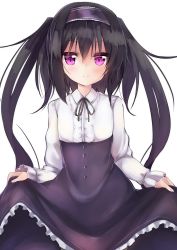 Rule 34 | 1girl, absurdres, amano kouki, black hair, center frills, frills, highres, lifted by self, long hair, looking at viewer, meme attire, note-chan, original, purple eyes, simple background, skirt hold, smile, solo, twintails, very long hair, virgin killer outfit, white background