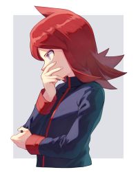 Rule 34 | 1boy, black jacket, border, commentary request, covering own mouth, cowlick, creatures (company), fingernails, from side, game freak, grey background, hand up, highres, ichihara yuuto, jacket, long hair, long sleeves, male focus, nintendo, pokemon, pokemon hgss, purple eyes, red hair, silver (pokemon), solo, upper body, white border