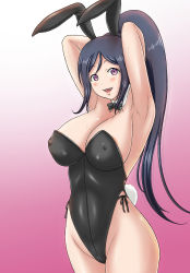 Rule 34 | 1girl, animal ears, arms behind head, black bow, black bowtie, black hair, black leotard, bow, bowtie, breasts, commentary request, covered erect nipples, cowboy shot, detached collar, fake animal ears, gradient background, highres, keito fujihara, large breasts, leotard, long hair, looking at viewer, love live!, love live! sunshine!!, matsuura kanan, pink background, playboy bunny, ponytail, purple eyes, rabbit ears, rabbit tail, smile, solo, standing, strapless, strapless leotard, tail, white background
