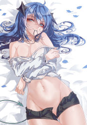Rule 34 | 1girl, absurdres, arknights, bed sheet, black shorts, blue eyes, blue hair, blue lips, blush, breasts, cleavage, closed mouth, cowboy shot, cross, cross necklace, eyeshadow, from above, gluteal fold, groin, hair between eyes, head tilt, heart, heart-shaped pupils, highres, horns, innoarukugyou, jewelry, large breasts, long hair, long sleeves, lying, makeup, mostima (arknights), mouth hold, navel, necklace, no bra, no panties, off shoulder, on back, on bed, open clothes, open fly, open shorts, petals, shirt, shorts, smile, solo, stomach, symbol-shaped pupils, tail, white shirt