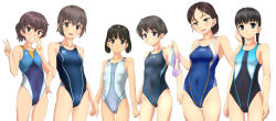 Rule 34 | 6+girls, absurdres, ad, alternate color, arms at sides, bad id, bad pixiv id, black eyes, black hair, black one-piece swimsuit, blue background, blue one-piece swimsuit, blush, braid, breasts, brown eyes, brown hair, clenched hand, closed mouth, collarbone, commentary request, competition swimsuit, contrapposto, covered navel, cowboy shot, fashion, feet out of frame, flat chest, gluteal fold, goggles, gradient background, grey eyes, grin, groin, hand on own hip, highleg, highleg swimsuit, highres, light smile, logo, long hair, looking at viewer, low twintails, multicolored clothes, multicolored swimsuit, multiple girls, one-piece swimsuit, open mouth, original, pink background, ponytail, short hair, short twintails, simple background, small breasts, smile, standing, striped clothes, striped one-piece swimsuit, swim cap, swim goggles, swimsuit, takafumi, thigh gap, thighs, twin braids, twintails, two-tone background, unworn goggles, unworn swim cap, v, variations, white background, white one-piece swimsuit, yellow one-piece swimsuit