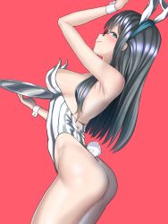 Rule 34 | 1girl, absurdres, animal ears, bare legs, black hair, breasts, check commentary, commentary request, cowboy shot, fake animal ears, glasses, green eyes, highres, kantai collection, leotard, long hair, looking at viewer, ooyodo (kancolle), playboy bunny, profile, rabbit ears, rabbit tail, red background, reizou, silver leotard, simple background, small breasts, solo, standing, tail, thong leotard, tray, wrist cuffs