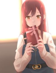 Rule 34 | 1girl, backlighting, belt, belt buckle, blue overalls, blush, box, box of chocolates, bracelet, breasts, brown hair, buckle, closed mouth, embarrassed, hair between eyes, highres, holding, holding box, idolmaster, idolmaster shiny colors, jewelry, long hair, medium breasts, nervous, osaki amana, overalls, silver116, solo, straight hair, sweater, valentine, wavy mouth, white sweater, window, zipper pull tab