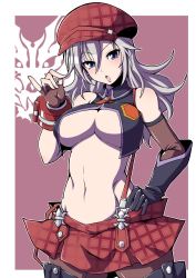 Rule 34 | 10s, 1girl, alisa ilinichina amiella, blue eyes, blush, breasts, elbow gloves, fingerless gloves, gloves, god eater, hat, large breasts, long hair, looking at viewer, navel, pantyhose, semikichi, silver hair, skirt, solo, suspender skirt, suspenders, thighhighs, underboob