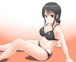 Rule 34 | &gt;:), 1girl, 30-06, arm support, bad id, bad pixiv id, black bra, black hair, black panties, bra, gradient background, kantai collection, looking at viewer, navel, orange background, panties, red eyes, short hair, sitting, smile, solo, takao (kancolle), underwear, underwear only, v-shaped eyebrows, white background