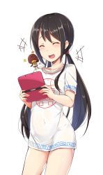 Rule 34 | 1girl, :d, ^ ^, absurdres, bird, black hair, blush, closed eyes, collarbone, covered navel, cowboy shot, duck, game console, groin, hair tie, handheld game console, highres, holding, idolmaster, idolmaster cinderella girls, long hair, low twintails, meandros, nakano yuka, nintendo 3ds, no pants, open mouth, shirt, short sleeves, sidelocks, simple background, smile, solo, standing, thighs, twintails, white background, white shirt, zhi zhi/zu zu