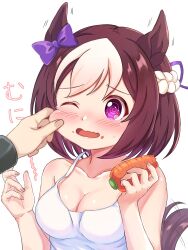 Rule 34 | 1girl, animal ears, blush, breasts, carrot, cheek pinching, cleavage, commentary request, highres, horse ears, looking at viewer, medium breasts, medium hair, mochitsuki wataame, pinching, portrait, pov, pov hands, purple eyes, simple background, solo focus, special week (umamusume), tears, translation request, umamusume, white background