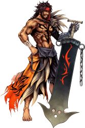 Rule 34 | 00s, 1boy, absurdres, barefoot, dissidia final fantasy, final fantasy, final fantasy x, full body, grin, hand on own hip, highres, hip focus, jecht, male focus, muscular, red eyes, scar, smile, solo, sword, tattoo, transparent background, weapon