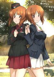 Rule 34 | 1girl, black headwear, black jacket, blue jacket, brown eyes, brown hair, commentary request, commission, cowboy shot, dated, dress shirt, dual persona, garrison cap, girls und panzer, green shirt, hat, highres, holding hands, insignia, jacket, kuromorimine military uniform, long sleeves, looking at viewer, military hat, nakahira guy, nishizumi miho, ooarai military uniform, partial commentary, pleated skirt, red shirt, red skirt, shirt, short hair, skeb commission, skirt, smile, white skirt, wing collar