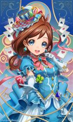 Rule 34 | 1girl, :d, ace attorney, alternate costume, blue dress, blue eyes, blue hat, blush, bow, brown hair, buttons, card, club (shape), diamond (shape), diamond button, diamond earrings, dress, earrings, frilled gloves, frills, gloves, hat, heart, holding, jewelry, kaze-hime, long hair, looking at viewer, low-tied long hair, open mouth, pink bow, playing card, smile, solo, spade (shape), top hat, trucy wright, white gloves