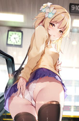 Rule 34 | 1girl, ass, bikini, black thighhighs, blonde hair, blue skirt, blurry, blurry background, blush, breasts, cardigan, clock, commentary, contemporary, covering privates, depth of field, escalator, flower, from behind, from below, genshin impact, hair flower, hair ornament, lens flare, long sleeves, looking at viewer, looking down, lumine (genshin impact), micro bikini, miyase mahiro, panties, parted lips, pleated skirt, skirt, solo, swimsuit, thighhighs, thighs, twisted torso, underwear, upskirt, white panties, yellow eyes