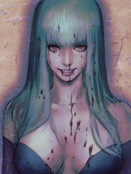 Rule 34 | 1girl, bare shoulders, blood, blood from mouth, blood in hair, blood on breasts, blood on face, capcom, collarbone, dripping, fangs, fujii eishun, green hair, hatching (texture), highres, long hair, looking at viewer, morrigan aensland, nosebleed, pink lips, red eyes, sketch, smile, solo, teeth, upper body, vampire, vampire (game)