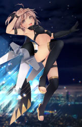 Rule 34 | 1girl, :d, absurdres, ahoge, arm strap, arm up, armpits, artist name, asymmetrical gloves, bikini, black bikini, black gloves, black thighhighs, blurry, blurry background, breasts, cloud, elbow gloves, fate/grand order, fate (series), full body, gloves, grey eyes, highres, k-rumi, looking at viewer, medium breasts, night, okita j. souji (fate), okita j. souji (first ascension) (fate), okita souji (fate), okita souji (koha-ace), open mouth, outdoors, short hair, short ponytail, silver hair, single glove, smile, snowing, solo, swimsuit, thigh strap, thighhighs, uneven gloves