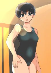 Rule 34 | 1girl, :p, absurdres, black hair, blush, female focus, haida katsuretsu, highres, lens flare, looking at viewer, one-piece swimsuit, original, shadow, short hair, solo, sunset, swimsuit, thighs, tomboy, tongue, tongue out