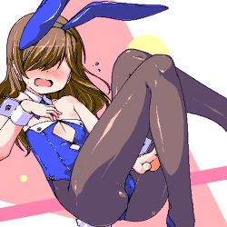 Rule 34 | 1girl, animal ears, brown hair, covered eyes, detached collar, fake animal ears, flat chest, freckles, hair over eyes, isshitaira, kazoku game, long hair, lowres, oekaki, open mouth, original, pantyhose, playboy bunny, rabbit ears, rabbit tail, shaded face, tail, toono kanna, wrist cuffs