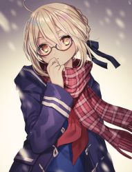 Rule 34 | 1girl, ahoge, artoria pendragon (all), artoria pendragon (fate), bad id, bad pixiv id, black coat, blonde hair, blue ribbon, blue shirt, coat, duffel coat, fate/grand order, fate (series), fringe trim, gambe, glasses, hair between eyes, hair ribbon, hand to own mouth, hand up, highres, hood, hood down, hooded coat, long sleeves, looking at viewer, mysterious heroine x alter (fate), mysterious heroine x alter (first ascension) (fate), open clothes, open coat, parted lips, plaid, plaid scarf, pocket, red-framed eyewear, red scarf, ribbon, saber (fate), scarf, school uniform, semi-rimless eyewear, serafuku, shirt, short hair, sidelocks, signature, solo, under-rim eyewear, upper body, winter clothes, winter coat, yellow eyes