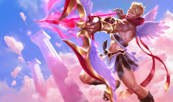 Rule 34 | &gt; o, 1boy, abs, aiming, ancient greek clothes, angel wings, archery, arrow (projectile), bara, bow (weapon), bracer, brown hair, closed mouth, cloud, day, flying, glowing, glowing eyes, greco-roman clothes, heartseeker varus, highres, holding, holding arrow, holding bow (weapon), holding weapon, league of legends, male focus, muscular, muscular male, official alternate costume, official art, one eye closed, outdoors, sandals, short hair, sixmorevodka, sky, solo, thighs, varus, weapon, wings