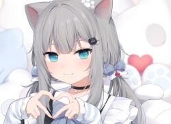 Rule 34 | 1girl, :3, amashiro natsuki, animal ears, black choker, blue eyes, blurry, blurry background, blush, bow, cat ears, cat girl, cat hair ornament, choker, closed mouth, commentary, frilled shirt, frills, grey hair, hair bow, hair ornament, hands up, heart, heart hands, indie virtual youtuber, long sleeves, looking at viewer, low twintails, nachoneko, paw print, purple bow, shirt, smile, solo, symbol-only commentary, twintails, upper body, white shirt