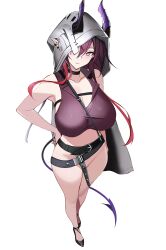 Rule 34 | 1girl, absurdres, arknights, ascalon (arknights), ateoyh, black choker, bottomless, breasts, choker, cleavage, closed mouth, commentary request, demon girl, demon horns, hair between eyes, highres, hood, hood up, horns, horns through hood, long hair, looking at viewer, nipples, no panties, pointy ears, red hair, simple background, sweat