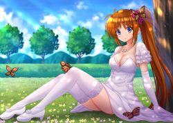 Rule 34 | blush, breasts, bug, butterfly, cleavage, commentary, commission, day, dress, elbow gloves, gloves, hair ornament, high heels, highres, insect, jewelry, kazenokaze, lace, lace-trimmed legwear, lace trim, looking at viewer, lyrical nanoha, mahou shoujo lyrical nanoha, mahou shoujo lyrical nanoha strikers, medium breasts, necklace, side ponytail, sitting, smile, solo, takamachi nanoha, thighhighs, white dress, white thighhighs