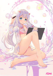 Rule 34 | 10s, 1girl, artist name, atdan, bare legs, barefoot, blue eyes, blush, bow, bra, bubble, closed mouth, drawing tablet, dress shirt, eromanga sensei, feet, full body, hair bow, hand up, heart, heart of string, highres, holding, izumi sagiri, legs, light smile, long hair, looking at viewer, open clothes, open shirt, panties, pink bow, pink bra, pink panties, popped collar, shirt, signature, sitting, solo, stylus, thighs, toes, underwear, white hair