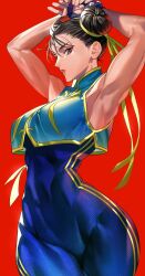 Rule 34 | 1girl, abs, alternate costume, armpits, arms up, blue bodysuit, blue vest, bodysuit, breasts, brown hair, capcom, chun-li, commentary, covered navel, cowboy shot, cropped vest, curvy, double bun, dress, eyeshadow, fingerless gloves, from side, gloves, hair between eyes, hair bun, hair pulled back, hair ribbon, highres, lips, lipstick, looking at viewer, makeup, medium breasts, muscular, muscular female, official alternate costume, parted lips, profile, red background, red eyeshadow, red lips, ribbon, short hair, simple background, sleeveless, sleeveless dress, solo, standing, street fighter, street fighter zero (series), studded bracelet, tenobe, thick thighs, thighs, vest, wide hips, yellow ribbon