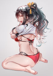 Rule 34 | 1girl, absurdres, ass, bikini, black hair, blush, breasts, embarrassed, from behind, full body, grey background, hair ornament, highres, interstellar, kantai collection, kneeling, large breasts, long hair, looking at viewer, naganami (kancolle), open mouth, ponytail, red bikini, shirt, short sleeves, sidelocks, simple background, solo, swimsuit, thighs, underboob, wavy hair, white shirt, yellow eyes