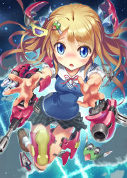 Rule 34 | 1girl, :o, absurdres, armor, blonde hair, blue eyes, blush, cannon, city lights, cloud, flying, frog hair ornament, hair ornament, hair ribbon, highres, kankurou, long hair, looking at viewer, mecha musume, open mouth, original, outstretched arms, panties, pantyshot, ribbon, rocket launcher, school uniform, shirt, short sleeves, skirt, sky, solo, transformation, twintails, underwear, upskirt, very long hair, weapon, white panties