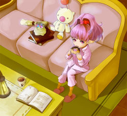 Rule 34 | 10s, 1girl, book, coffee, couch, cup, doughnut, eating, final fantasy, final fantasy xiv, food, from above, lalafell, long hair, looking up, moogle, mug, open mouth, pajamas, pink eyes, pink hair, pointy ears, ponytail, ryokuyuu, sitting, slippers, stuffed toy, table, warrior of light (ff14)