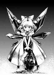 Rule 34 | &gt;:p, 1girl, :p, barefoot, bow, cirno, dress, frozen, greyscale, hair bow, ice, ice wings, kuroda osafune, monochrome, ribbon, short hair, smile, solo, tongue, tongue out, touhou, v-shaped eyebrows, wings