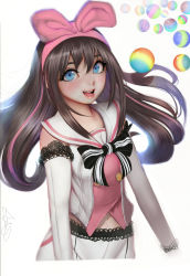 Rule 34 | 1girl, :d, black ribbon, blue eyes, bow, brown hair, detached sleeves, eyelashes, hair between eyes, hair bow, hair over one eye, hairband, highres, kizuna ai, kizuna ai inc., lace-trimmed sleeves, lace trim, long hair, looking at viewer, midriff, multicolored hair, open mouth, pink bow, pink hairband, randy (awesomevillage), ribbon, sailor collar, school uniform, serafuku, signature, simple background, smile, solo, streaked hair, teeth, virtual youtuber, white background, white sailor collar, white sleeves