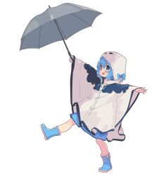 Rule 34 | 1girl, :d, absurdres, aoi tori, blue bow, blue eyes, blue footwear, blue hair, bow, coat, full body, grey umbrella, highres, holding, holding umbrella, looking at viewer, open mouth, original, raincoat, short hair, simple background, smile, solo, teru-chan (aoi tori), umbrella, white background, white coat