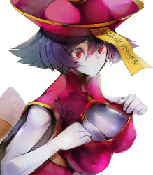 Rule 34 | 1girl, bare arms, blue skin, breasts, cleavage, cleavage cutout, closed mouth, clothing cutout, colored skin, covered erect nipples, flipped hair, hair between eyes, hat, highres, jiangshi, large breasts, lei lei, nishiide kengorou, ofuda, pink hat, purple hair, qingdai guanmao, red eyes, short hair, simple background, solo, turtleneck, upper body, vampire (game), white background, zombie