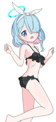 Rule 34 | 1girl, :d, arona (blue archive), bad id, bad pixiv id, bare arms, bare shoulders, barefoot, bikini, black bikini, blue archive, blue eyes, blue hair, blush, braid, chibi, feet out of frame, frilled bikini, frills, hair over one eye, hair ribbon, hairband, halo, looking at viewer, looking to the side, multicolored hair, nyaru (nyaru 4126), open mouth, pink hair, ribbon, simple background, single braid, smile, solo, standing, standing on one leg, swimsuit, teeth, two-tone hair, upper teeth only, white background, white hairband, white ribbon