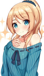 Rule 34 | 10s, 1girl, ayase eli, bare shoulders, blonde hair, blue eyes, breasts, hair ornament, hair scrunchie, long hair, love live!, love live! school idol festival, love live! school idol project, off shoulder, ponytail, ribbon-trimmed clothes, ribbon trim, scrunchie, shuuichi, small breasts, smile, solo, striped, sweater, vertical stripes