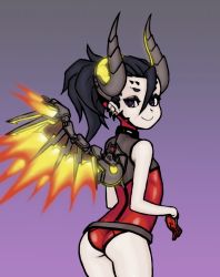 Rule 34 | 1girl, aged down, alternate eye color, alternate hair color, arched back, ass, bad id, bad pixiv id, bare shoulders, belt, belt skirt, black hair, bodysuit, child, closed mouth, cowboy shot, dark persona, demon girl, demon horns, devil mercy, ear piercing, eyeliner, eyeshadow, facial mark, flat chest, forehead mark, from behind, from side, gloves, glowing, glowing wings, gradient background, grey background, hair between eyes, halterneck, hands up, high collar, high ponytail, highres, horns, legs together, leotard, light smile, long hair, looking at viewer, looking back, makeup, mascara, mechanical wings, mercy (overwatch), neon trim, no tail, official alternate costume, orange wings, overwatch, overwatch 1, piercing, ponytail, purple background, purple eyes, red gloves, red leotard, skin tight, sleeveless, sleeveless turtleneck, smile, solo, spread wings, standing, turtleneck, wabaki, wings