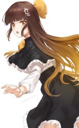 Rule 34 | 1girl, bad id, bad twitter id, black skirt, blunt bangs, brown hair, copyright request, from behind, gradient background, hair ornament, kfr, long hair, long sleeves, looking at viewer, looking back, neck ribbon, parted lips, ribbon, simple background, skirt, solo, standing, white background, yellow ribbon