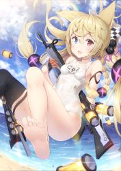 Rule 34 | 1girl, :d, animal ears, ass, bare legs, bare shoulders, barefoot, beach, black thighhighs, blonde hair, blue eyes, blue sky, blush, braid, breasts, canister, cloud, cloudy sky, collarbone, convenient leg, covered navel, day, fang, feet, floating hair, g41 (beach punk 2064) (girls&#039; frontline), g41 (girls&#039; frontline), girls&#039; frontline, glint, gun, h&amp;k g41, hair between eyes, hair bobbles, hair ornament, hair ribbon, hatsuki kaname, heterochromia, holding, holding gun, holding weapon, long hair, looking at viewer, name connection, name tag, object namesake, ocean, official alternate costume, one-piece swimsuit, open mouth, outdoors, red eyes, ribbon, school swimsuit, single thighhigh, sky, small breasts, smile, solo, sunlight, swimsuit, thighhighs, thighs, toes, very long hair, water, weapon, white one-piece swimsuit
