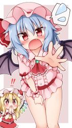 Rule 34 | !, !!, + +, 2girls, ascot, bat wings, belt, blonde hair, blue hair, blush, border, bow, brooch, center frills, chibi, commentary request, crystal, dress, fang, feet out of frame, flandre scarlet, frilled ascot, frilled shirt collar, frills, grey background, hair between eyes, hand to own mouth, hands up, hat, hat bow, hat ribbon, highres, jewelry, long hair, looking at viewer, microdress, mob cap, multiple girls, one side up, open mouth, outline, outside border, petticoat, pink dress, pink headwear, puffy short sleeves, puffy sleeves, reaching, reaching towards viewer, red ascot, red bow, red eyes, red ribbon, red sash, red skirt, red vest, remilia scarlet, ribbon, sash, shirt, short hair, short sleeves, siblings, simple background, sisters, skirt, skirt set, spoken sweatdrop, standing, suwa yasai, sweat, sweatdrop, thighs, touhou, v-shaped eyebrows, vest, white border, white headwear, white outline, white shirt, wings, wrist cuffs, yellow ascot