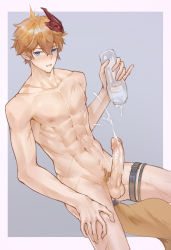 Rule 34 | 1boy, abs, blue eyes, cum, cum on penis, erection, genshin impact, hair between eyes, highres, large pectorals, large penis, male focus, male masturbation, mask, mask on head, masturbation, muscular, muscular male, nipples, orange hair, pectorals, penis, pubic hair, puffy chest, red mask, scar, tartaglia (genshin impact), testicles, uncensored, user vvfe4558