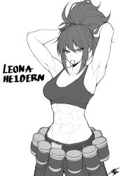 Rule 34 | 1girl, abs, absurdres, adjusting hair, armpits, arms behind head, arms up, bare shoulders, belt, breasts, character name, covered erect nipples, earrings, gloves, hair tie, hair tie in mouth, hand in own hair, hands up, highres, jewelry, leona heidern, medium breasts, military, military uniform, monochrome, mouth hold, muscular, muscular female, narrowed eyes, ponytail, simple background, solo, the king of fighters, the king of fighters xiii, tying hair, uniform, yones81239278