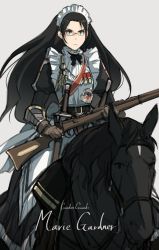 Rule 34 | 1girl, apron, asterisk kome, black hair, bolt action, character name, english text, gloves, grey background, gun, highres, horse, horseback riding, lee-enfield, long hair, maid, maid apron, maid headdress, medal, original, riding, rifle, sheath, sheathed, sword, weapon, white background