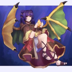 Rule 34 | 1girl, absurdres, ankle lace-up, beads, blue background, blunt bangs, bracelet, brown capelet, brown coat, capelet, circlet, closed mouth, coat, cross-laced clothes, cross-laced footwear, cross-laced legwear, crystal, dragon girl, dragon wings, dragonstone, dress, dtomebreaker, female focus, fire emblem, fire emblem: the sacred stones, fire emblem heroes, floating, fringe trim, full body, gem, gold trim, green wings, hair ornament, hair tie, hands up, highres, hood, jewelry, leaning back, light smile, long hair, looking at viewer, multi-tied hair, multicolored clothes, multicolored coat, myrrh (fire emblem), night, nintendo, official alternate costume, pale skin, purple hair, red coat, red eyes, sandals, shin strap, short dress, simple background, smile, solo, stone, toeless footwear, toes, twintails, white dress, wings, wristband, yellow wings