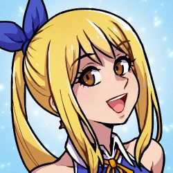 Rule 34 | 1girl, akairiot, bare shoulders, blonde hair, blue background, blue ribbon, brown eyes, commission, fairy tail, hair ribbon, long hair, looking at viewer, lucy heartfilia, open mouth, ponytail, portrait, ribbon, shadow, sidelocks, sleeveless, smile, solo