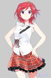 Rule 34 | 1girl, bow, frilled skirt, frilled sleeves, frills, grey background, hair bow, hair ornament, hands on own hips, highres, looking at viewer, love live!, love live! school idol project, nishikino maki, pink eyes, pleated skirt, red hair, red skirt, shirt, short hair, signature, simple background, skirt, sleeveless, sleeveless shirt, solo, standing, taiki (ozone), white shirt