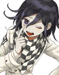 Rule 34 | 1boy, akanbe, bad id, bad twitter id, black hair, blush, checkered clothes, checkered neckwear, checkered scarf, danganronpa (series), danganronpa v3: killing harmony, eyelid pull, hair between eyes, highres, long sleeves, male focus, oma kokichi, one eye closed, open mouth, purple eyes, renshu usodayo, scarf, simple background, solo, straitjacket, tongue, tongue out, upper body, white background