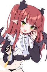 Rule 34 | 1girl, :d, black horns, black nails, black panties, black wings, blunt bangs, blush, breasts, cosplay, demon girl, demon horns, demon tail, demon wings, fangs, frilled panties, frilled shirt, frilled shirt collar, frills, green eyes, highres, holding, horns, long hair, long sleeves, looking at viewer, medium breasts, moorina, navel, open mouth, panties, pointy ears, red hair, revealing clothes, rizu-kyun, shirt, sidelocks, sketch, smile, solo, sono bisque doll wa koi wo suru, tail, twintails, two side up, underwear, white shirt, wings